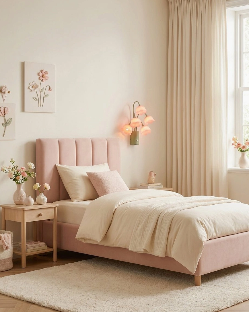 Wireless floral night light sconce with pink drooping flowers illuminated in feminine bedroom with pink upholstered bed and botanical wall art