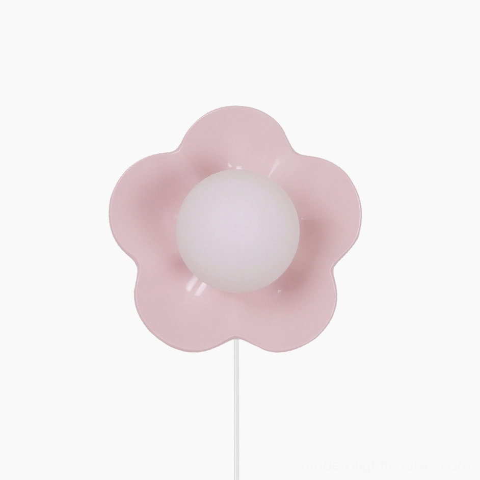 Pink flower wall sconce plug-in lamp showing complete product design and construction