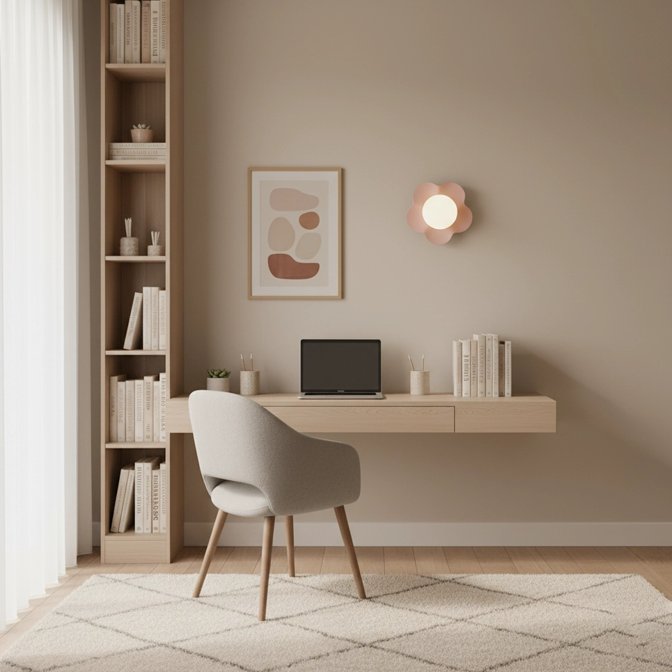Pink flower wall sconce mounted above wooden study desk in home office workspace