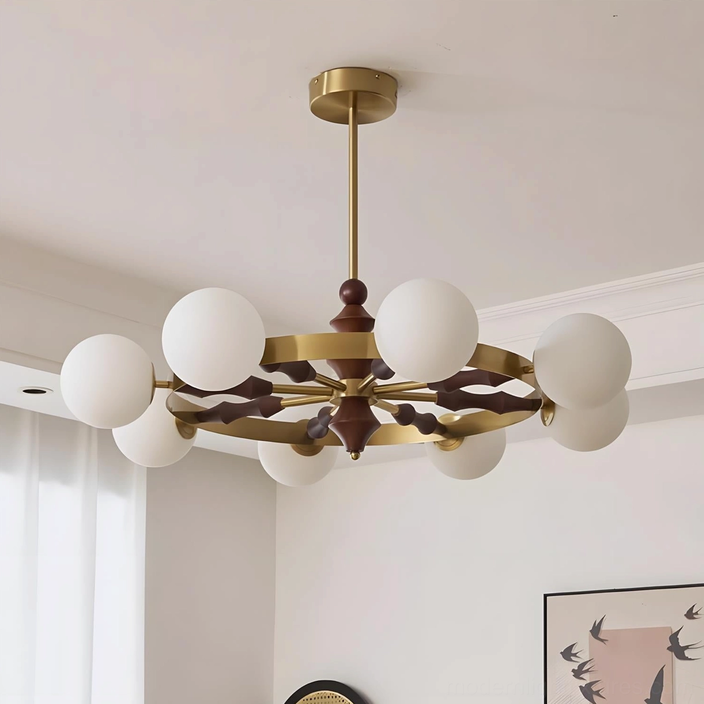Pink frosted glass globe mid-century modern chandelier elegant retro design detail closeup