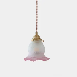 Pink tulips frosted glass pendant light with amber gradient rim, studio front view