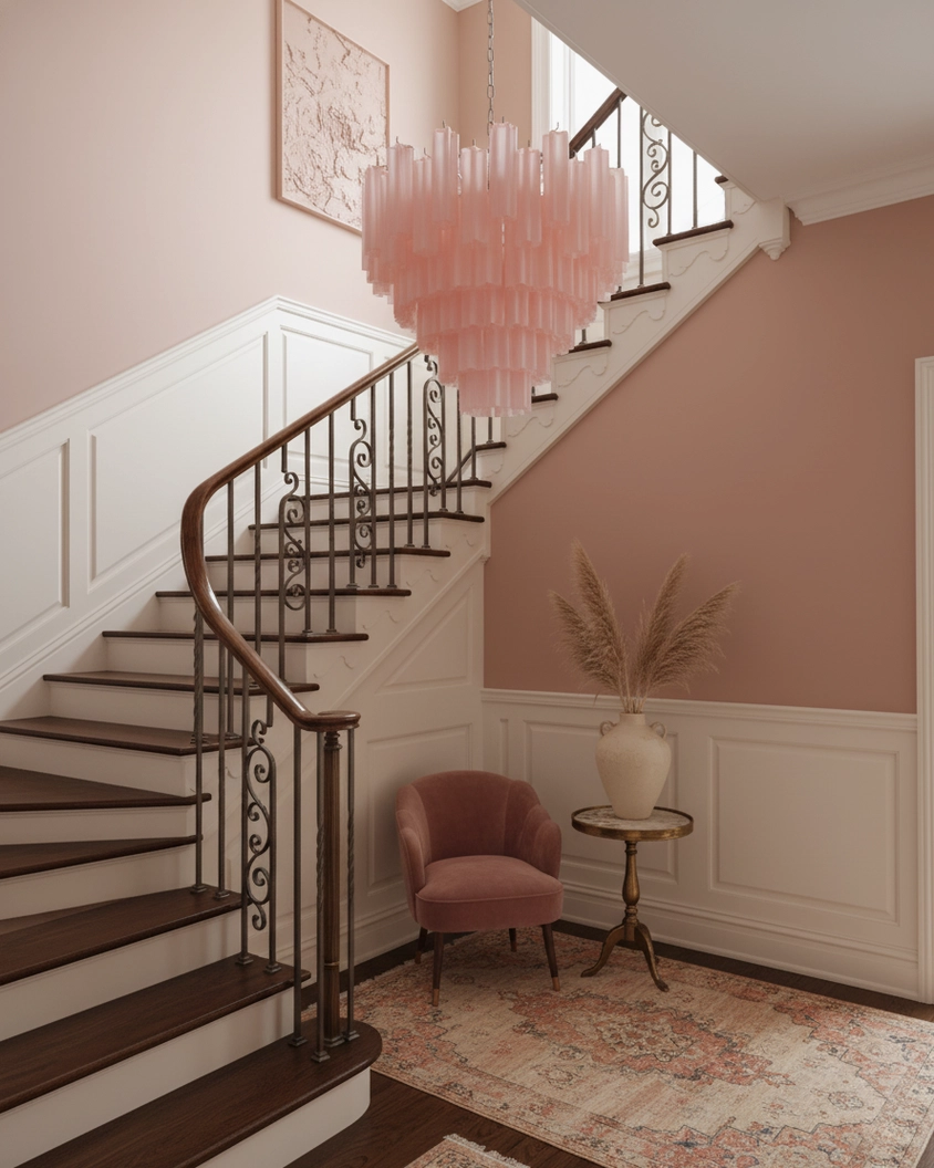 Pink frosted glass tiered chandelier in staircase foyer with wainscoting wall panels