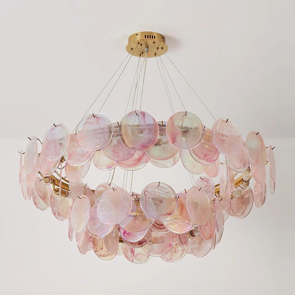 Contemporary pink glass chandelier side profile view showing elegant proportions and cascading design