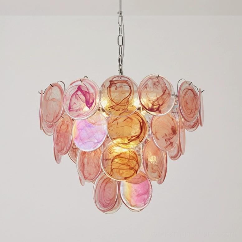 Pink glass disc pendant light 4-layer large 80cm hand-formed swirled design