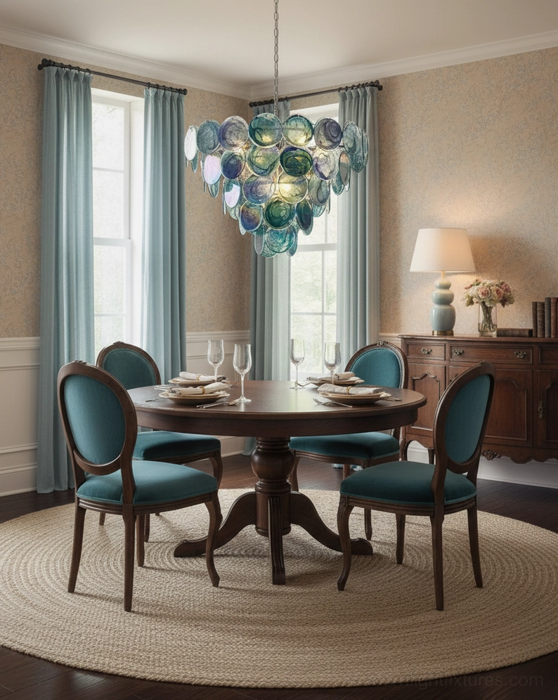 Pink glass disc chandelier 5-layer grand size hand-blown marbled glass detail