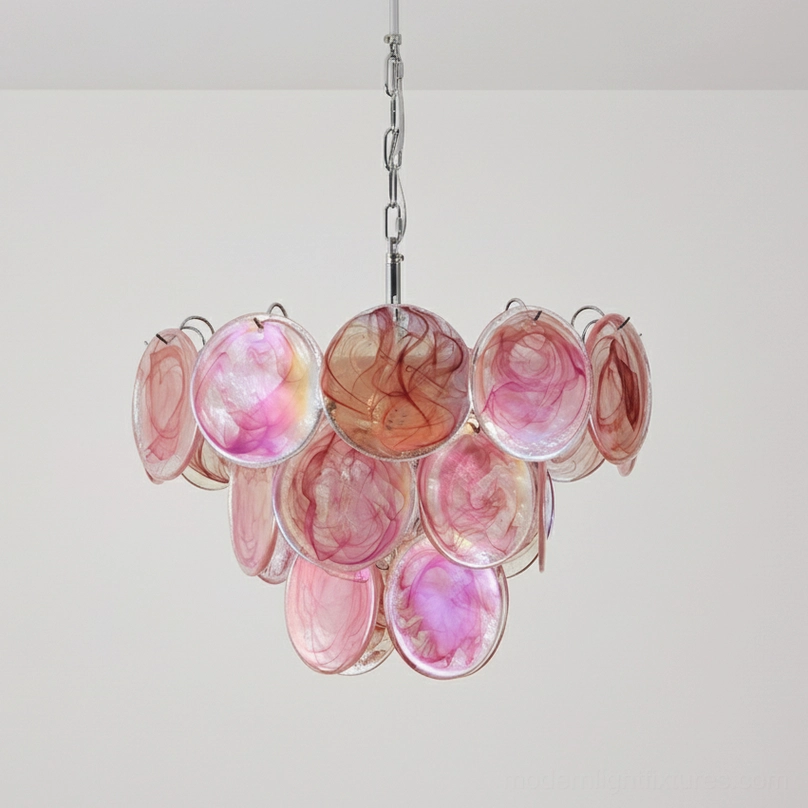 Pink glass disc chandelier hand-formed marbled gradient pendant lighting design