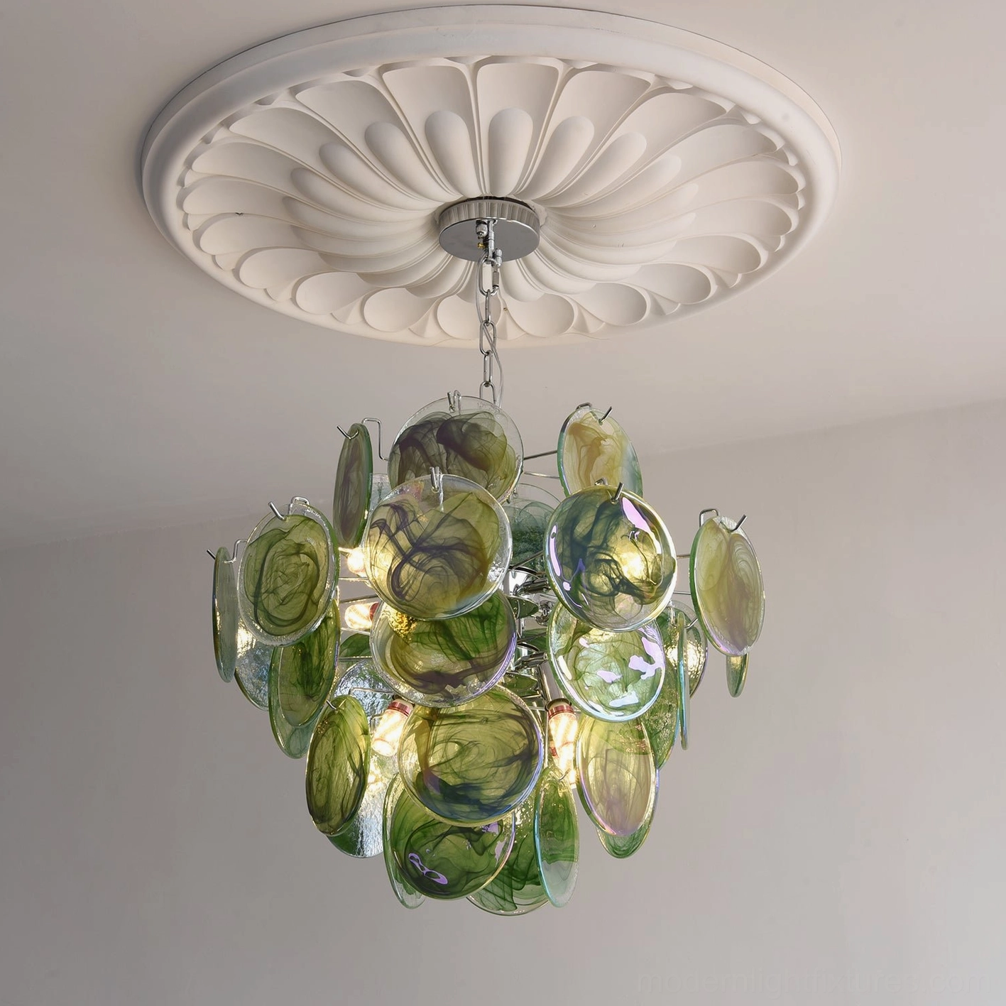 Pink variant of iridescent glass disc chandelier with polished chrome frame and glass details