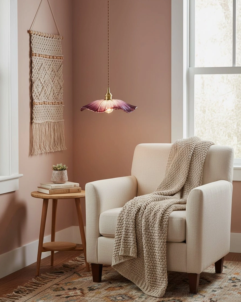 Flower glass pendant light with pink shade and brass hardware suspended in minimalist interior