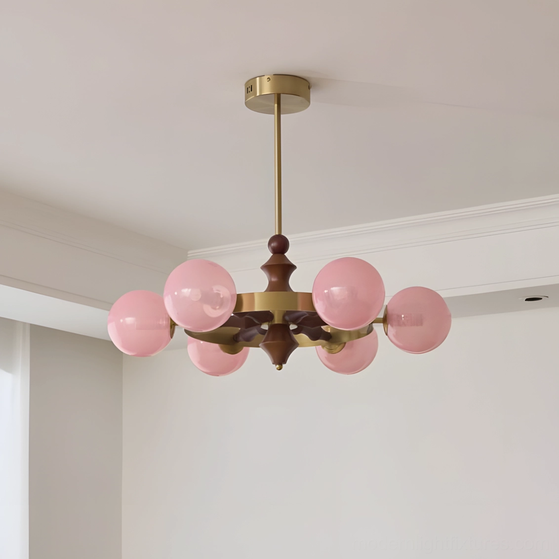 Pink frosted spherical glass shade chandelier with retro branch structure compact design detail