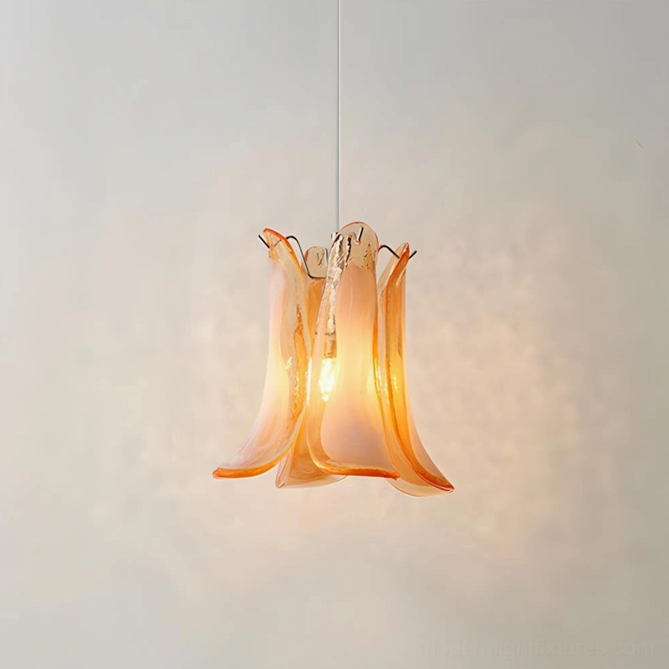 Pink glass petal pendant lamp hanging in contemporary modern interior setting