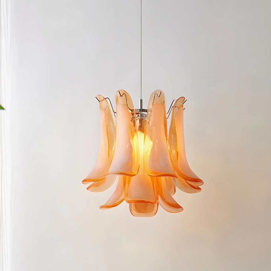 Pink handcrafted glass petal pendant light with chrome hardware detail