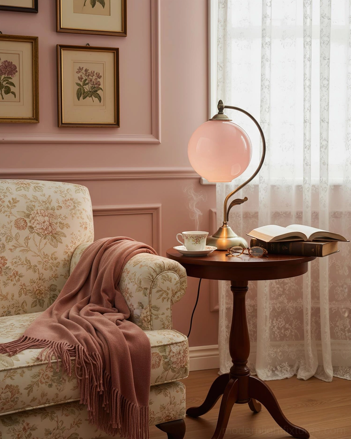 Pink globe table lamp in cozy reading corner with floral upholstered armchair, knit throw, and sheer curtains, warm vintage nook