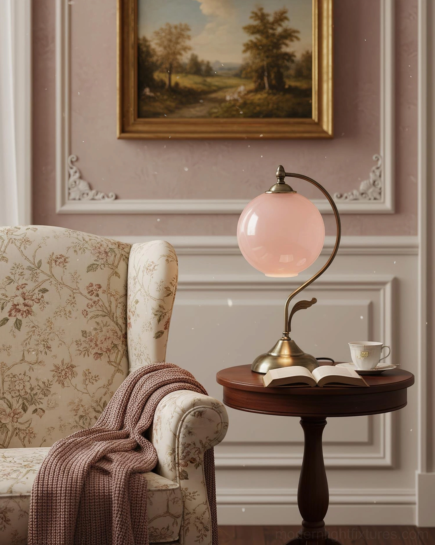 Pink frosted globe lamp on round dark wood side table in wainscoted living room corner, vintage sitting area accent lighting