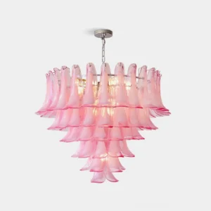 Pink hand-blown glass petal chandelier with romantic layered design, front studio view on white background