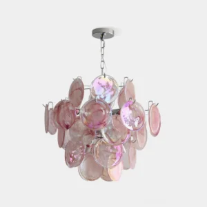 Pink iridescent glass disc chandelier with polished chrome frame, front studio view showcasing romantic luxury design
