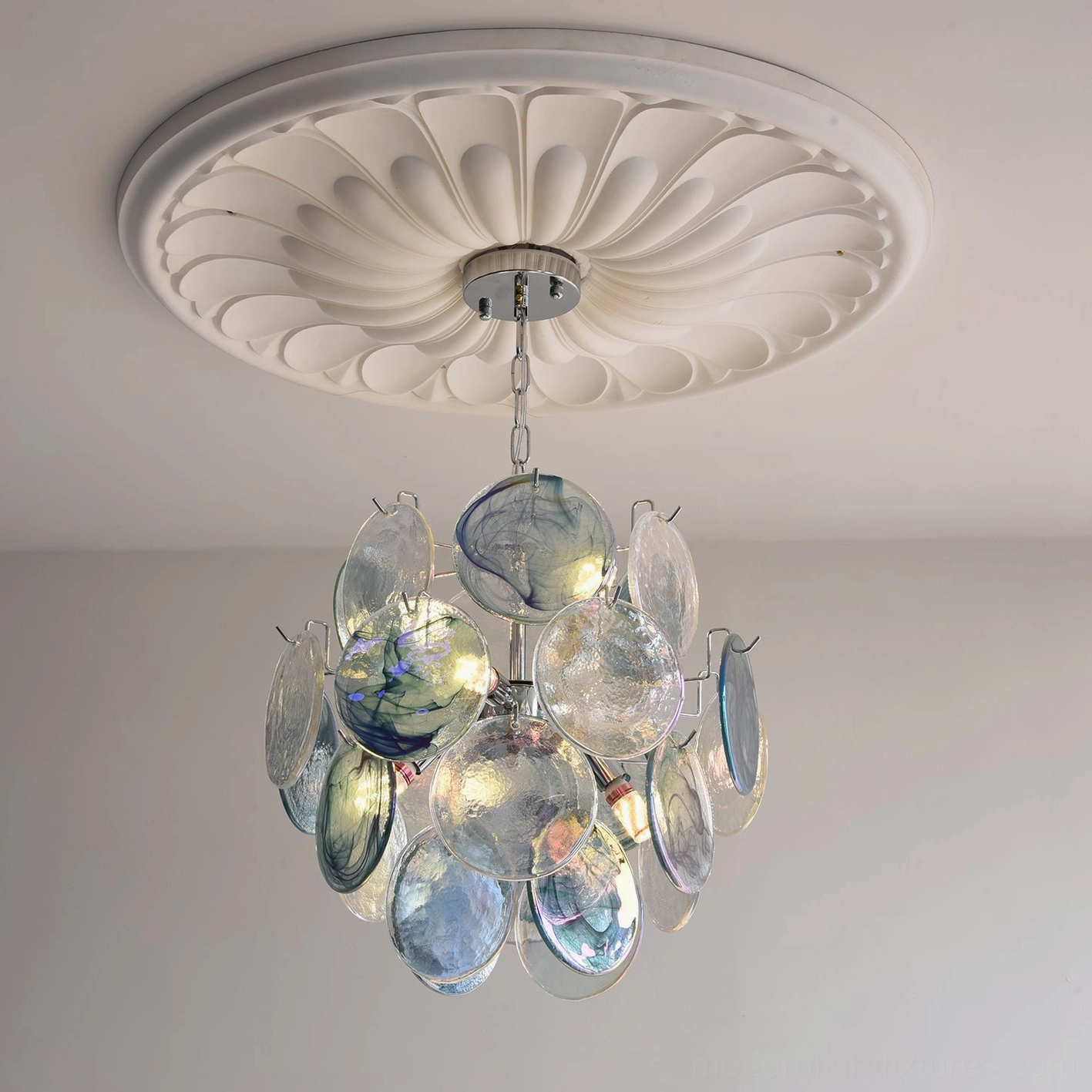 Pink iridescent glass disc pendant light large format showing romantic color palette
