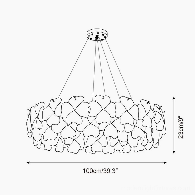 Pink Mika chandelier 100cm technical line drawing dimension diagram 39.3 inches wide 9 inches tall