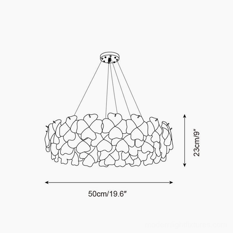Pink Mika chandelier 50cm technical line drawing dimension diagram 19.6 inches wide 9 inches tall