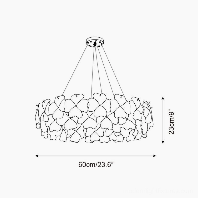 Pink Mika chandelier 60cm technical line drawing dimension diagram 23.6 inches wide 9 inches tall