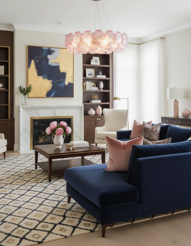 Pink Mika glass flower chandelier installed showing full botanical pendant design in space