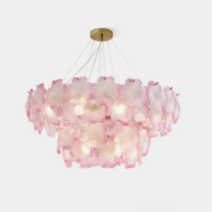 Pink Mika glass flower chandelier with hand-formed petals and brass ceiling mount, front studio view