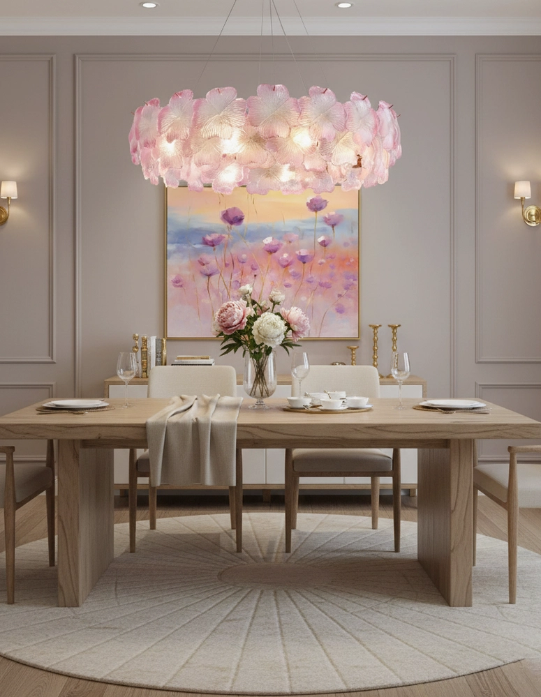 Pink Mika flower pendant chandelier close-up showing hand-crafted glass petal quality