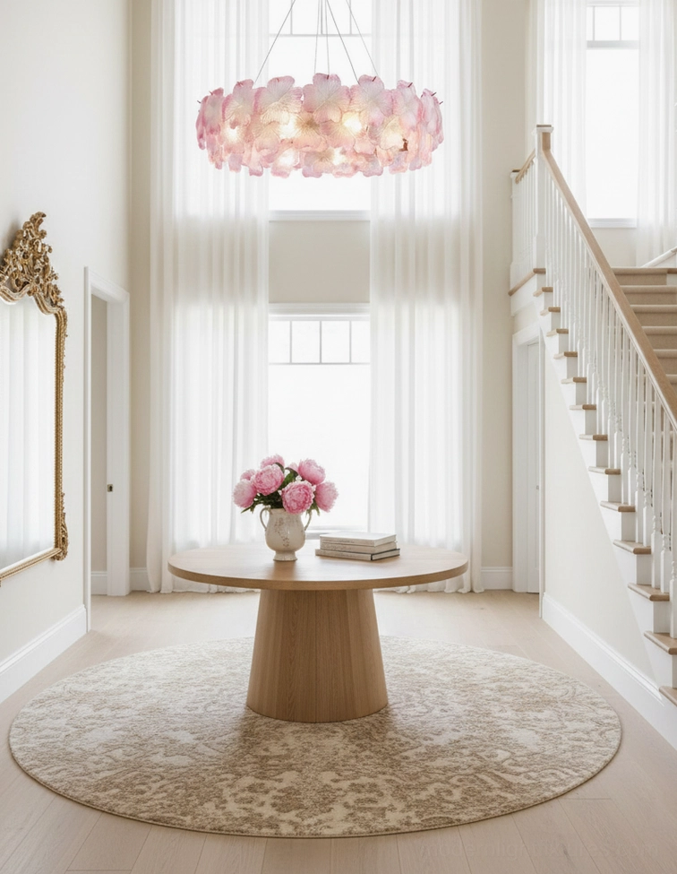 Pink Mika glass flower chandelier detail shot showing hand-formed petal texture and brass hardware