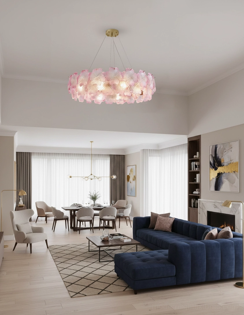 Pink Mika glass chandelier artistic composition with soft pink tones and brass ceiling cap