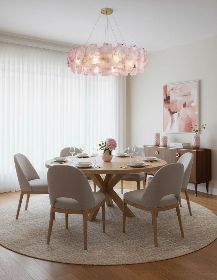 Pink Mika botanical flower chandelier showing tiered glass petal arrangement overhead view