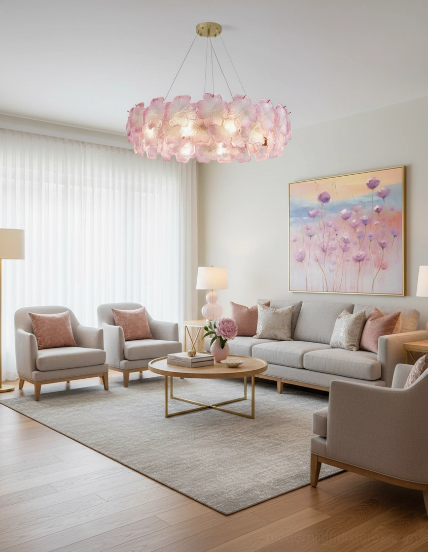 Pink Mika glass flower chandelier artistic side angle showing translucent petal structure