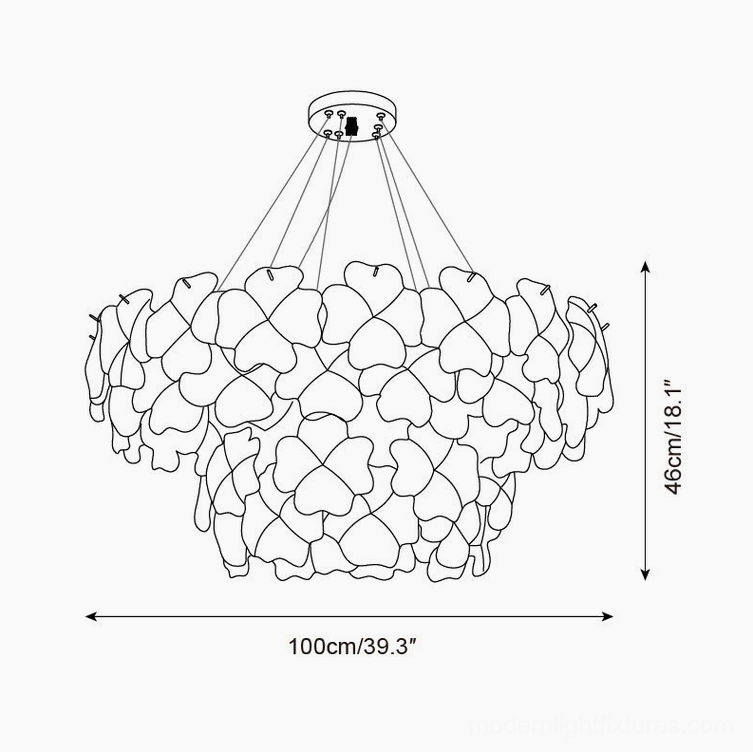 Pink Mika tiered chandelier 100cm technical line drawing dimension diagram 39.3 inches wide 18.1 inches tall