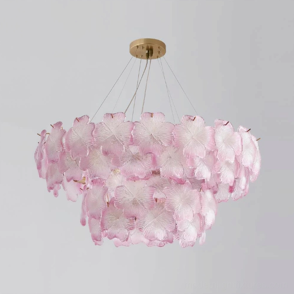 Pink Mika tiered chandelier 80cm with 16 sockets artistic arrangement detail