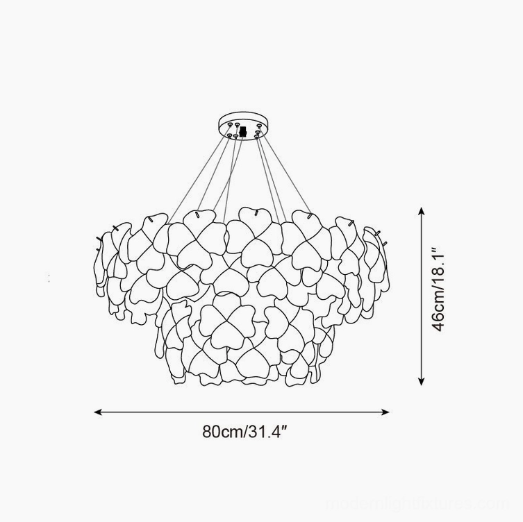 Pink Mika tiered chandelier 80cm technical line drawing dimension diagram 31.4 inches wide 18.1 inches tall