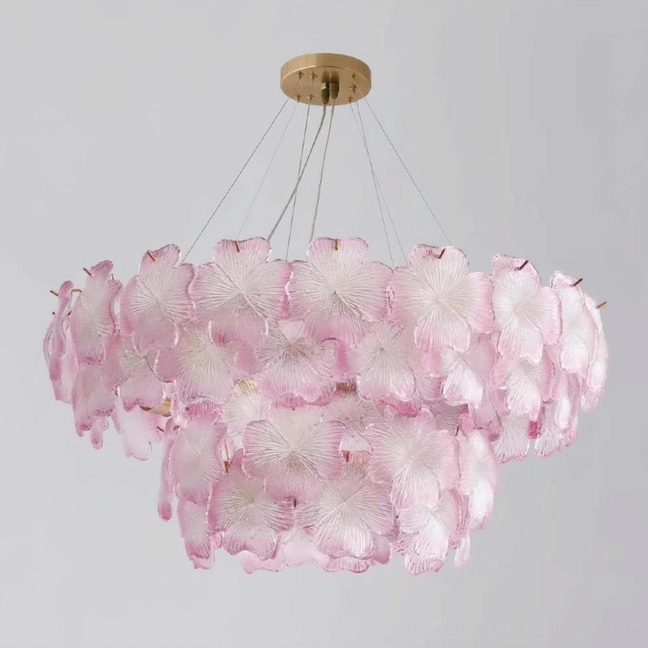 Large pink Mika tiered chandelier 100cm with 20 sockets warm lighting effect detail
