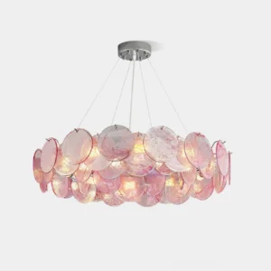 Pink Murano glass disc chandelier front overhead view with semi-transparent cascading pendants on white background