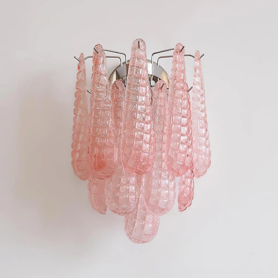 Pink Murano glass sconce with rippled teardrop glass shades and polished chrome mount, angled front view