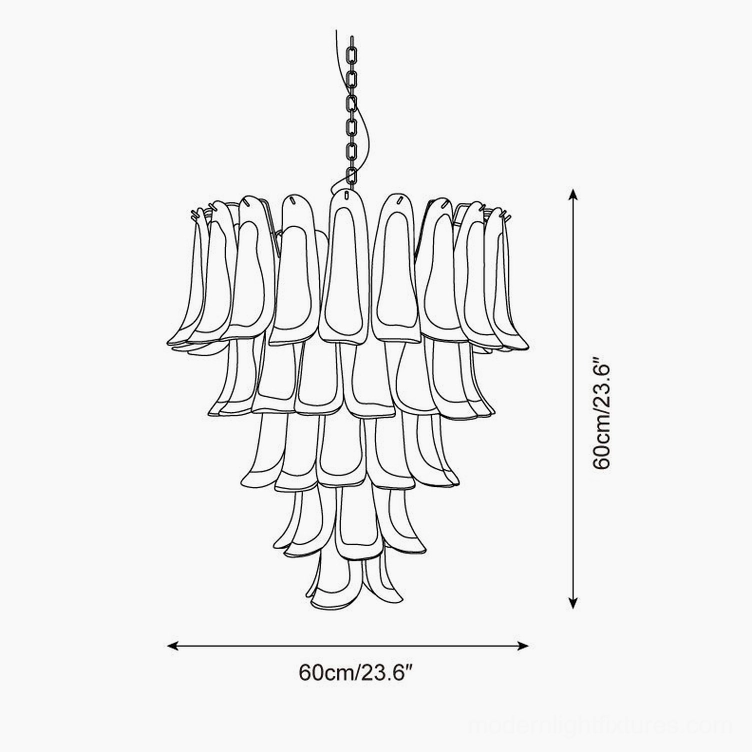 Technical schematic and dimension drawing of pink Murano glass tulip chandelier showing 60cm diameter and 23.6 inch specifications