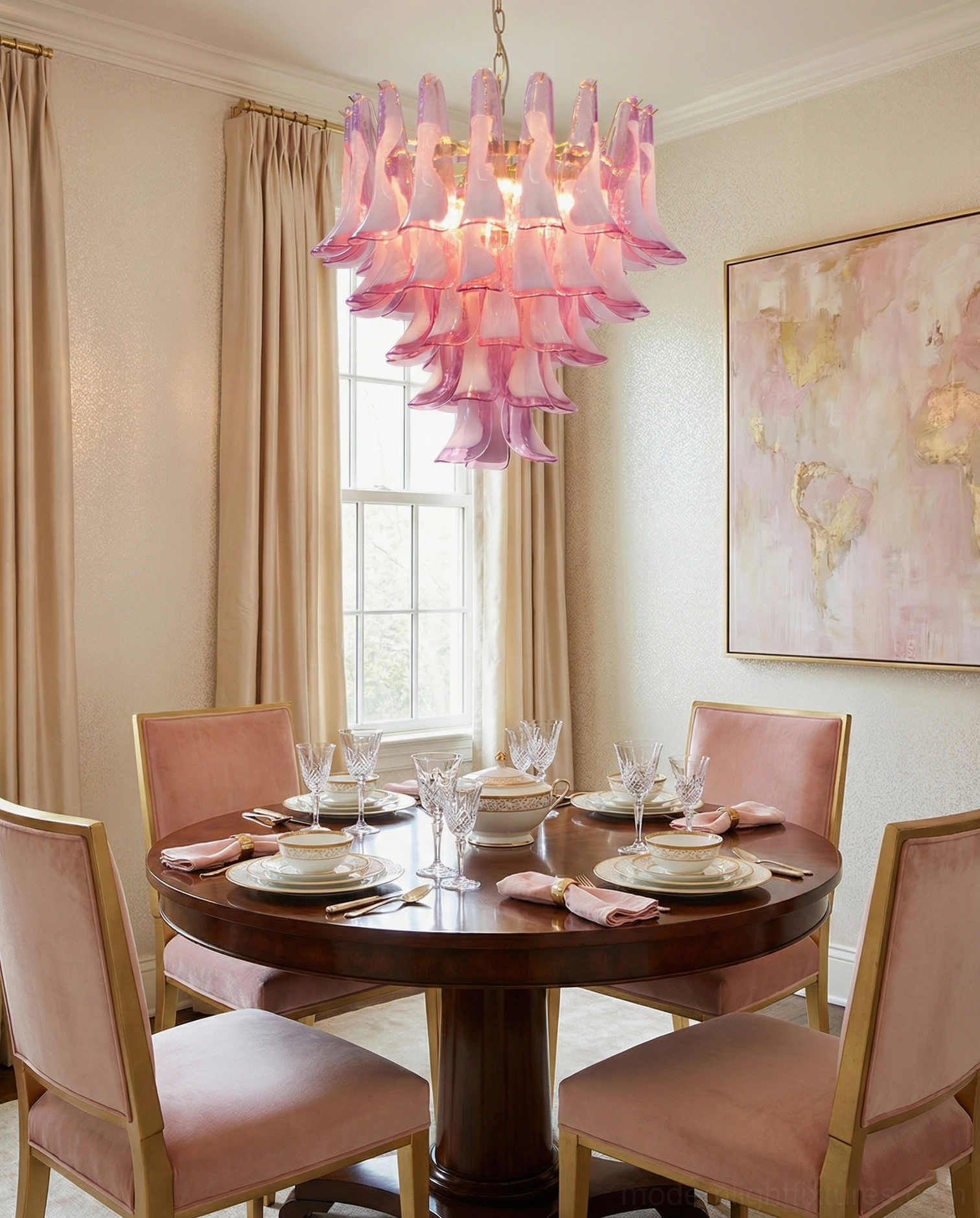 Pink Murano glass tulip chandelier in formal dining room overhead view, warm ambient lighting matching pink dining chair upholstery and luxury table setting