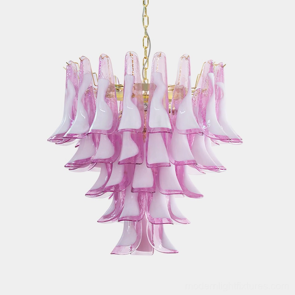 Pink and white Murano glass tulip petal chandelier with gold brass metal frame, front studio view showing tiered cascading glass petals and luxury romantic design