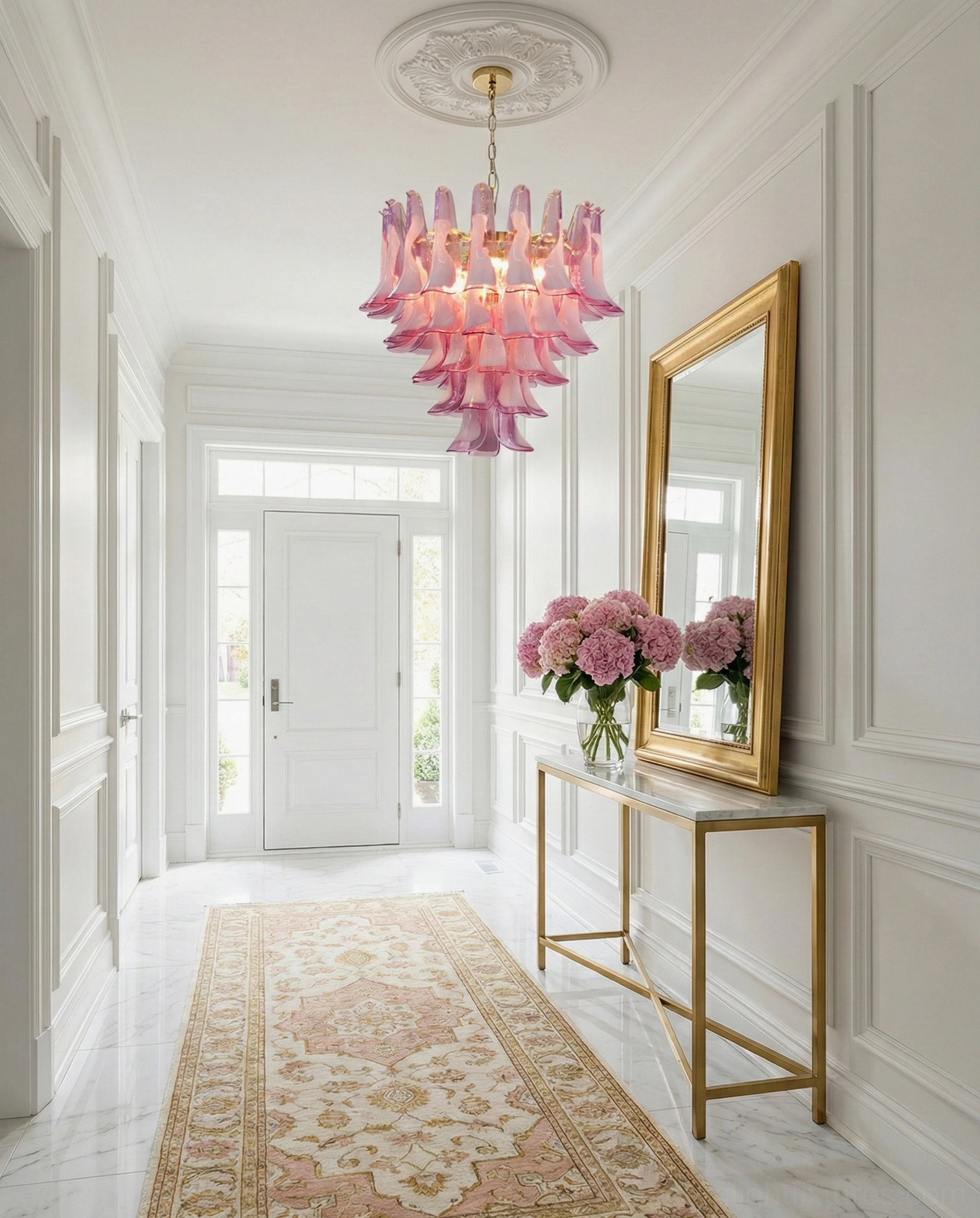 Pink Murano glass tulip chandelier in elegant entryway and hallway with neutral decor, gold metal hardware, neoclassical residential interior