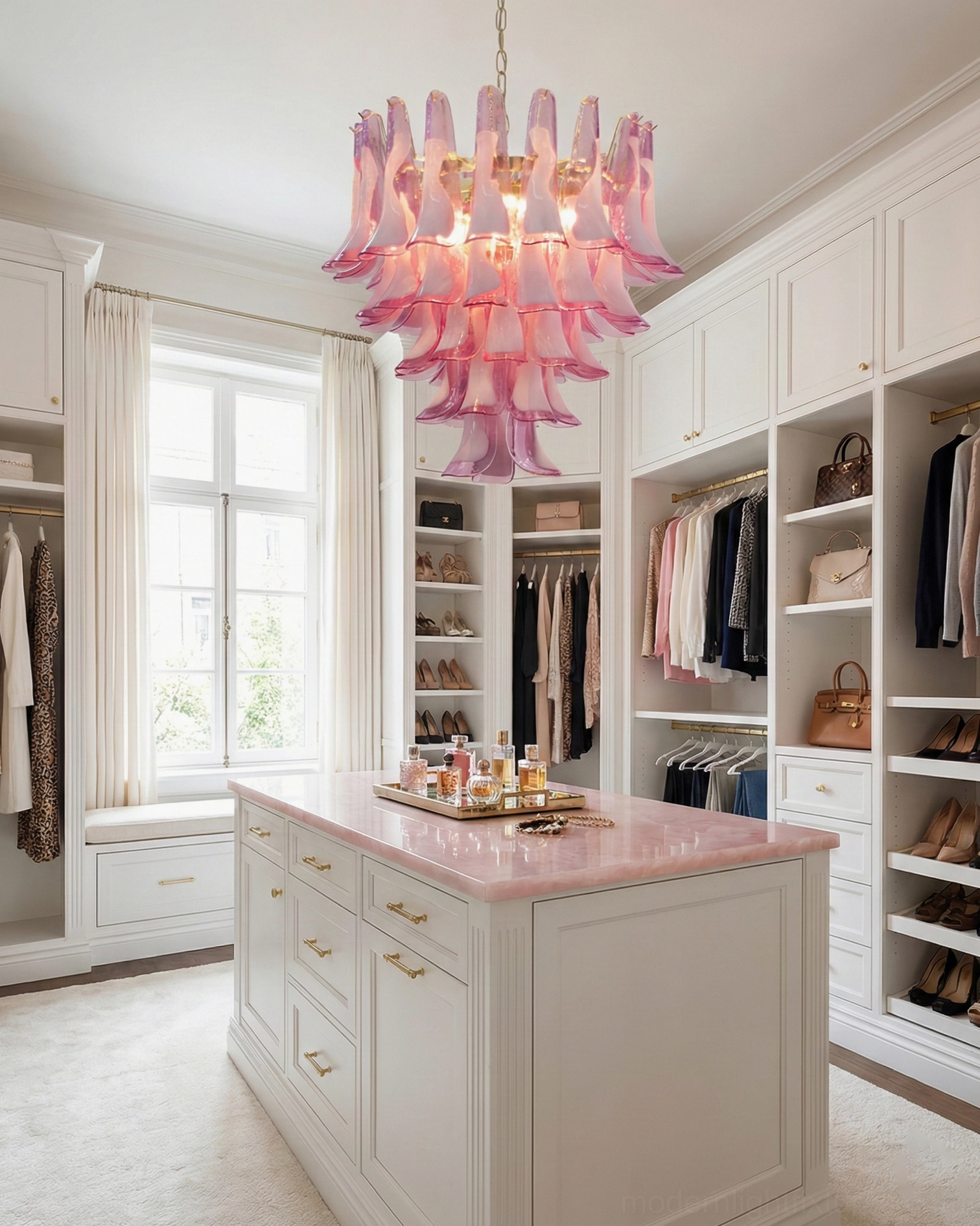 Pink tulip petal chandelier in luxury kitchen island and walk-in closet space, complements pink countertop in bright contemporary home setting