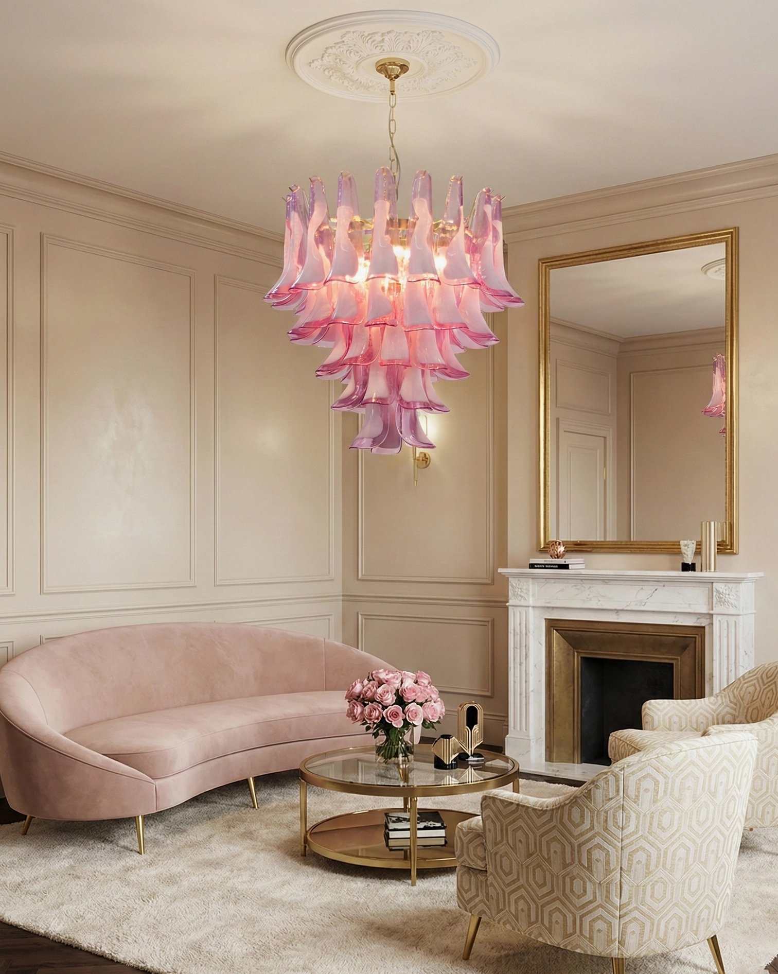 Pink tulip petal chandelier in neoclassical luxury living room overhead view, coordinates with curved pink sofa and refined home decor styling