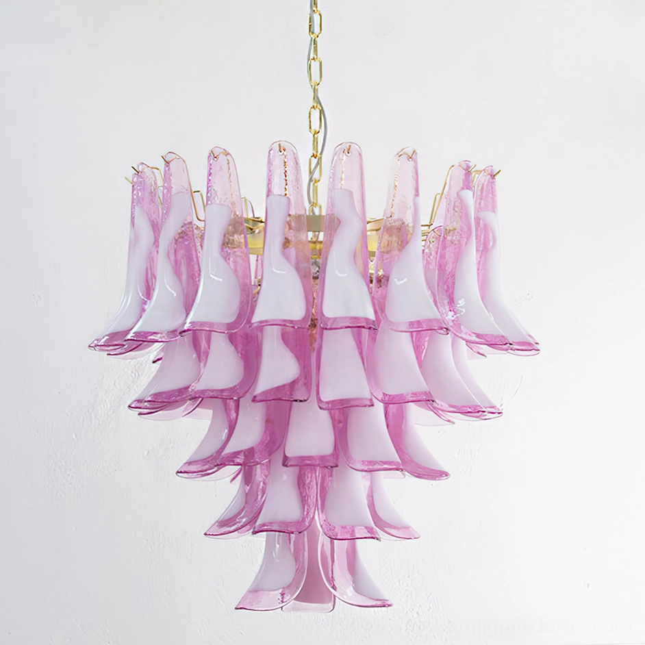 Overhead view of pink Murano glass tulip chandelier with gold metal suspension chain, tiered layered petal design creating sculptural silhouette