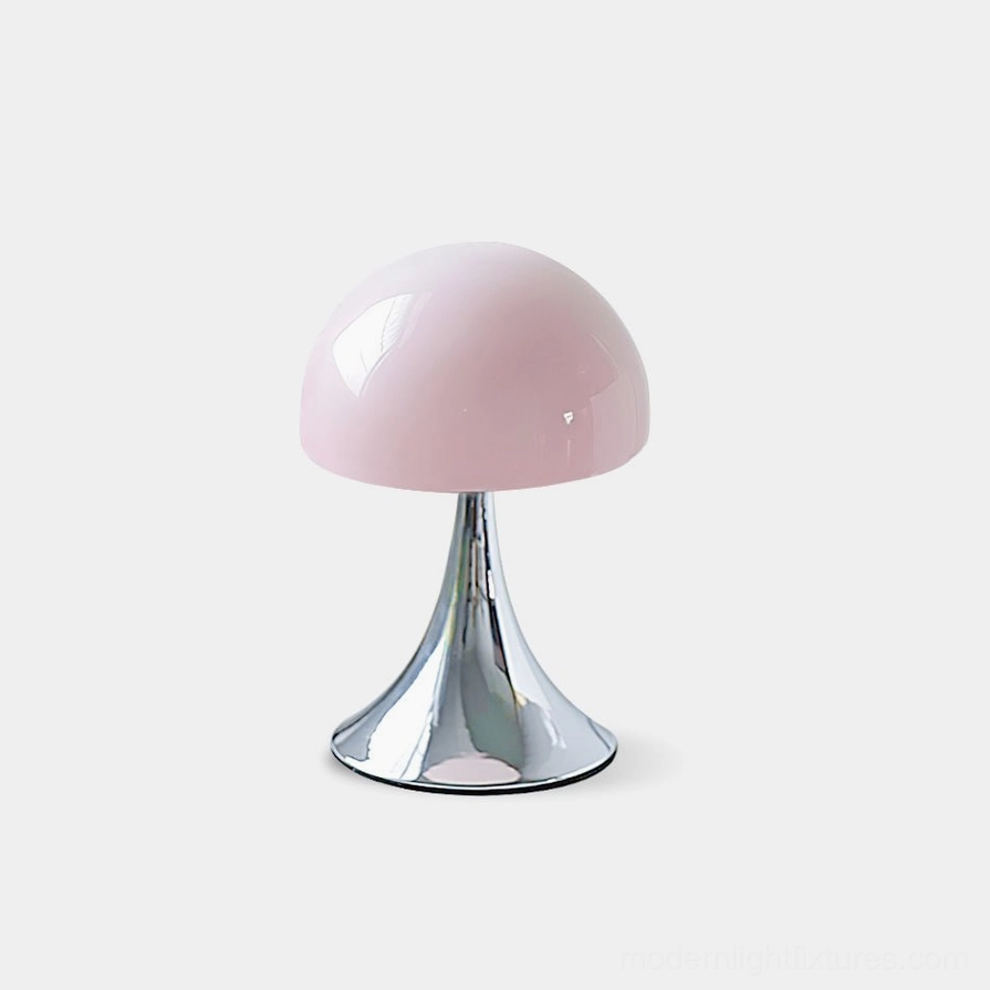Pink Mushroom Table Lamp with Chrome Base - Modern Minimalist Design Front View