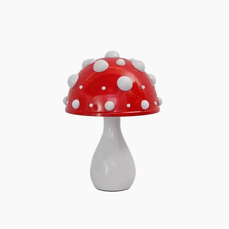 Pink mushroom table lamp with soft matte finish and white accent spots, charming decorative lighting fixture