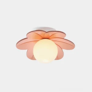 Pink Petal Flower ceiling light with frosted glass globe, frontal close-up view on white background