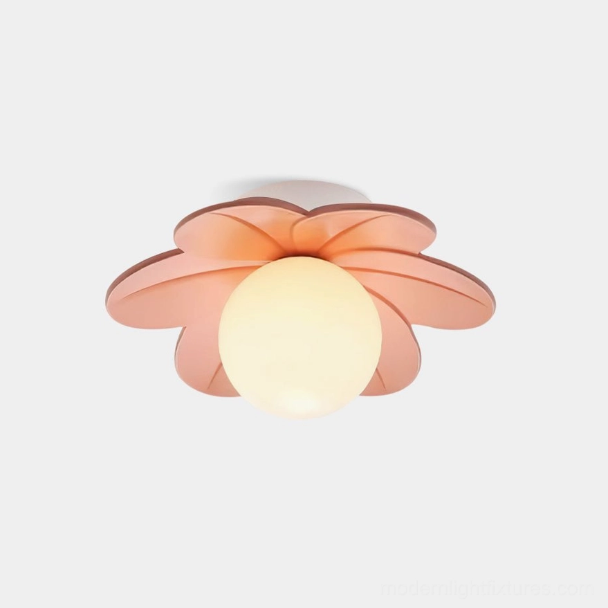 Pink Petal Flower ceiling light with frosted glass globe, frontal close-up view on white background