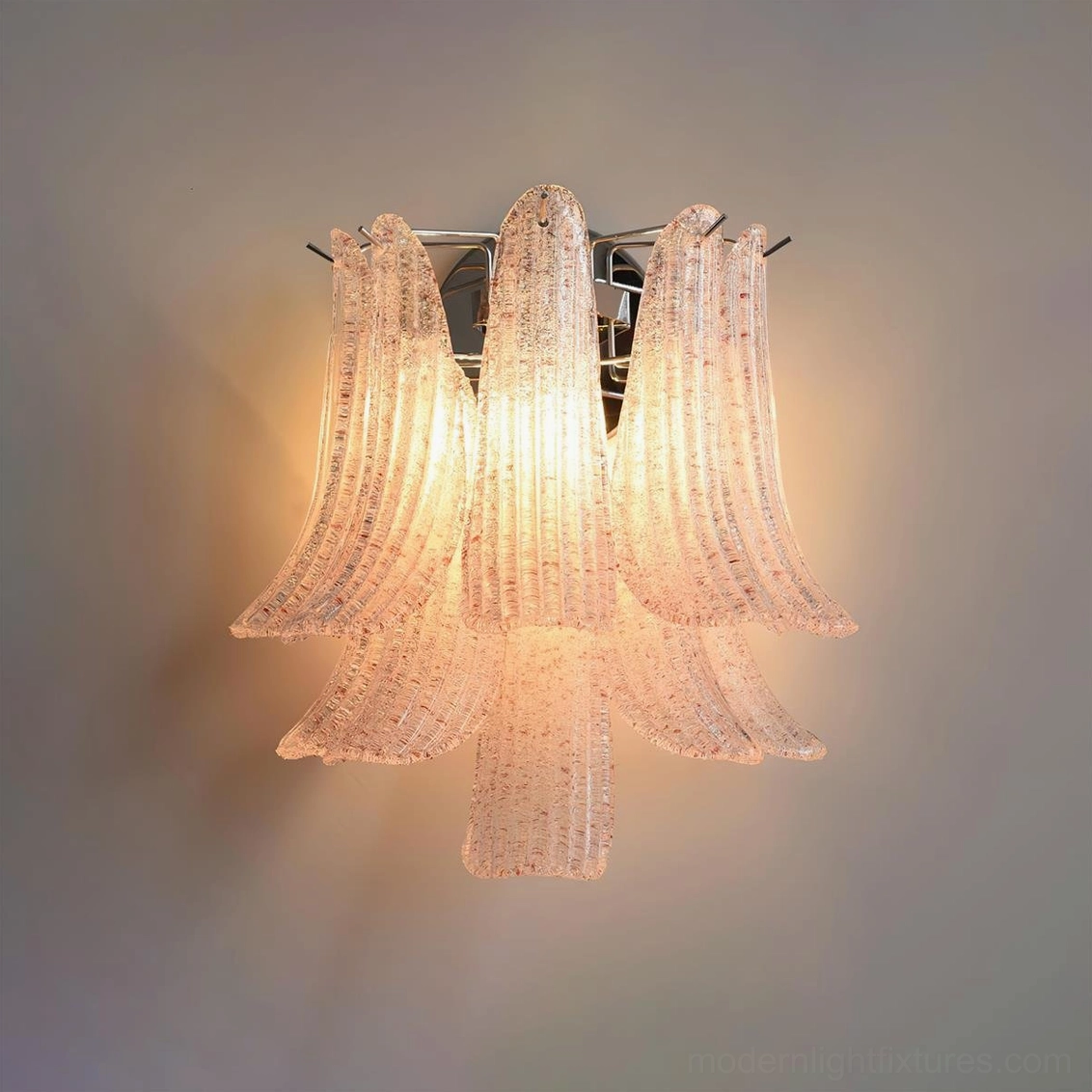 Pink petal glass wall lamp with dual-bulb configuration showcasing soft romantic lighting and hand-crafted glass details