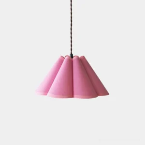 Pink twisted pleated fabric pendant light with accordion folds, overhead view on white background
