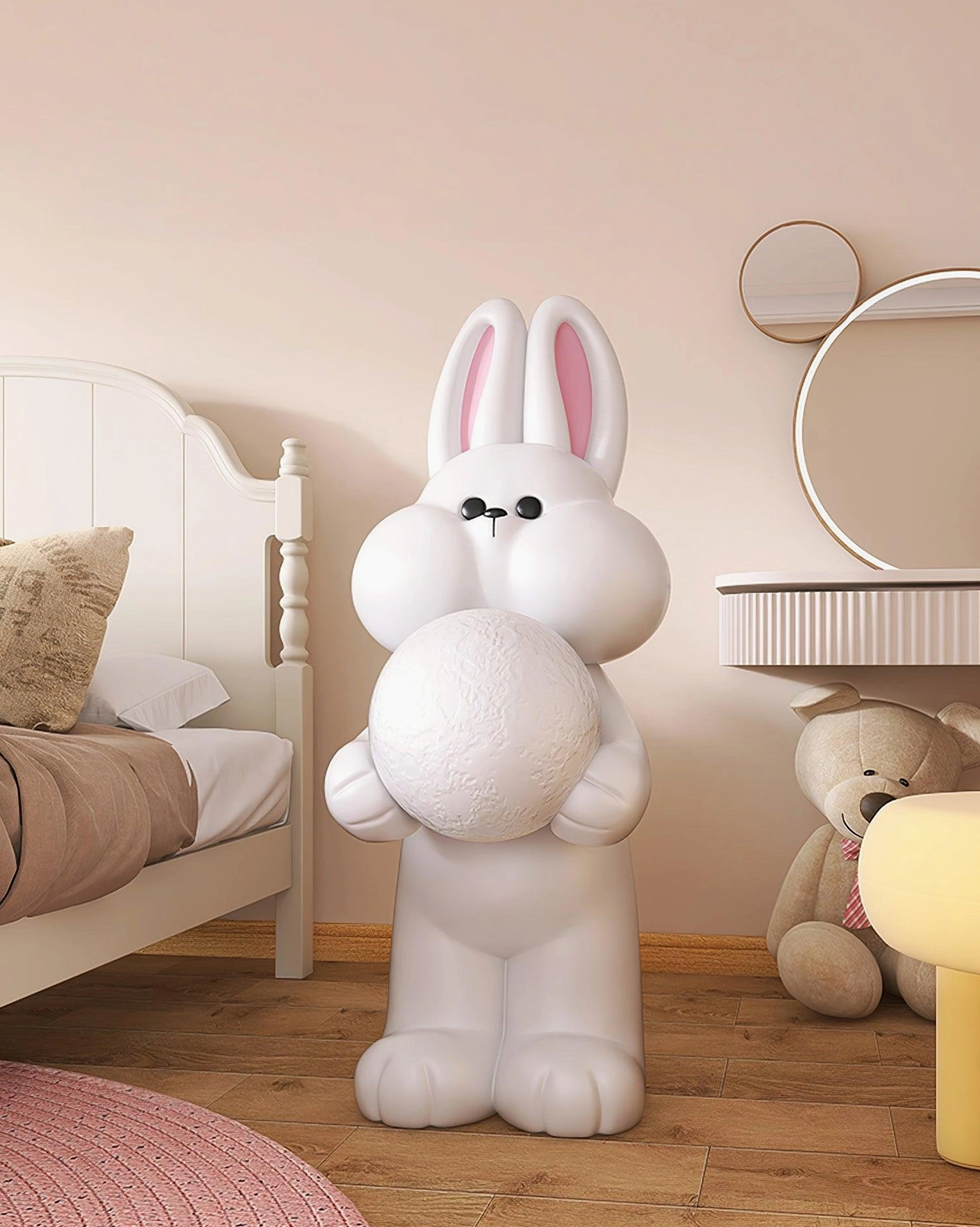 Pink rabbit floor lamp in cozy pastel bedroom near vanity and bed cute decorative lighting